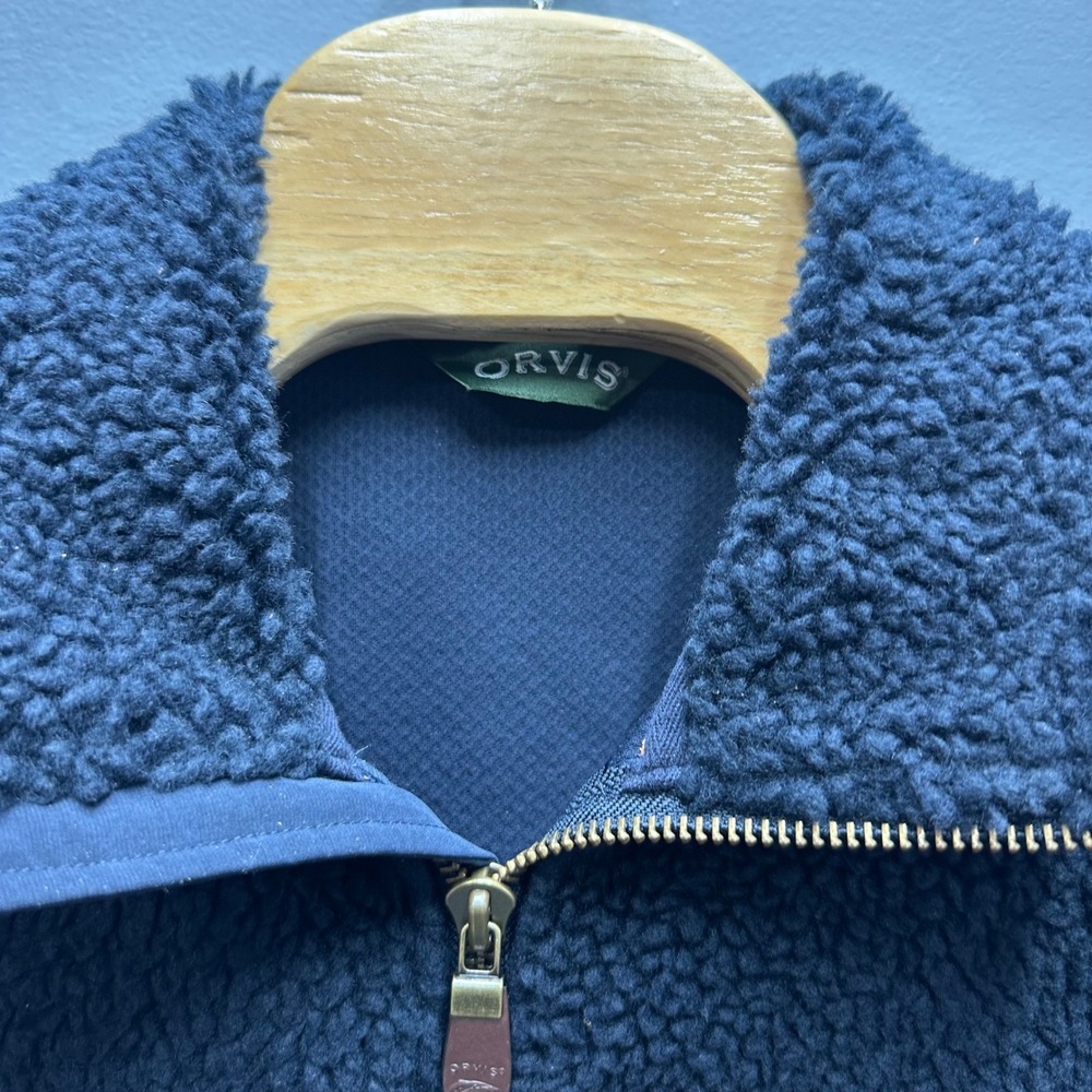 Orvis Men's Fleece Jacket Navy Blue Zip Up Leather Trim Outdoor Hiking Coat - Picture 3 of 10